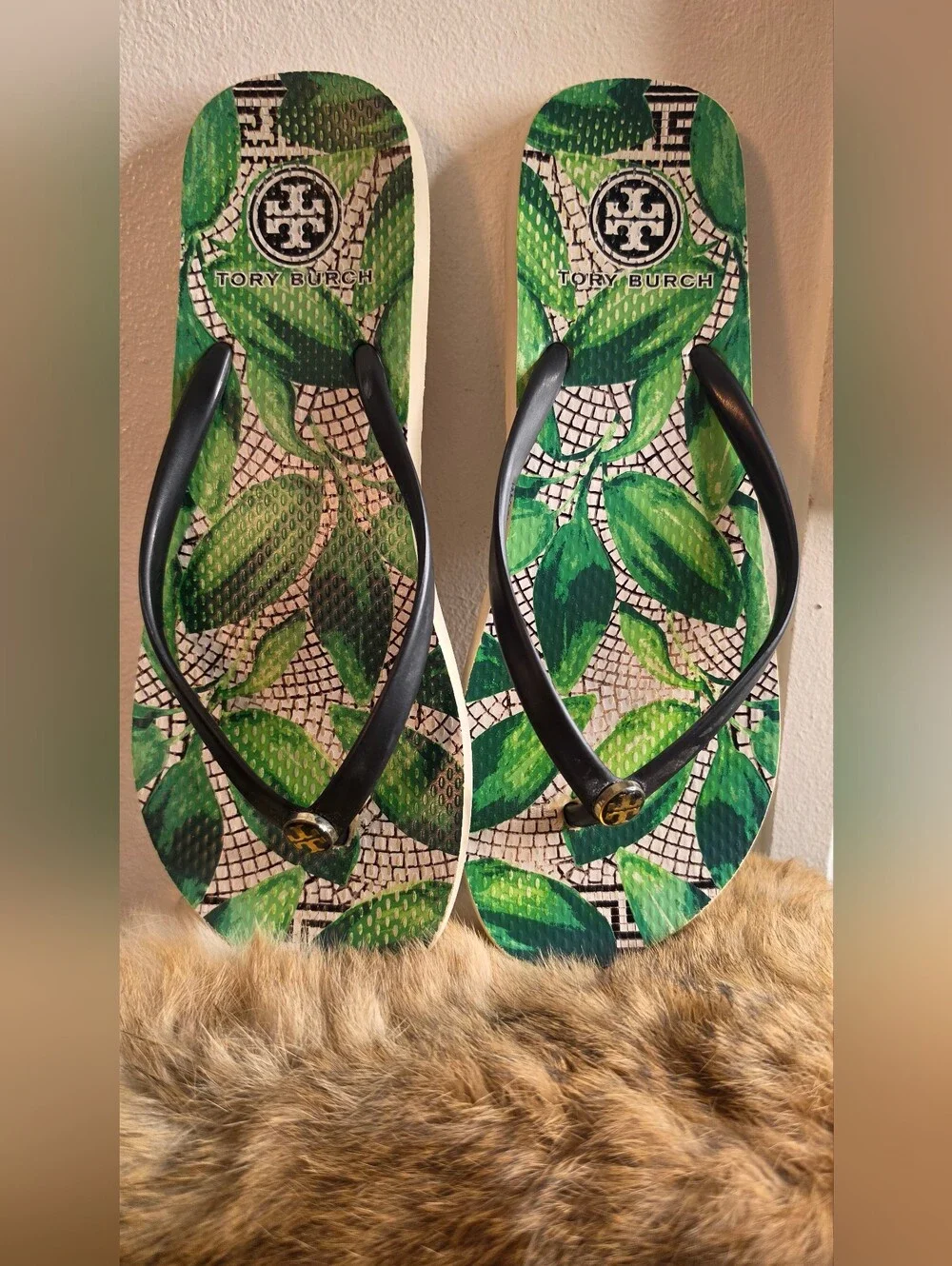 Tory Burch Green Leaf Print Flip Flops